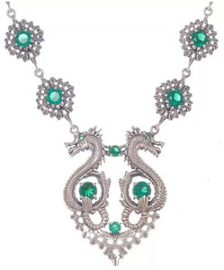 Casa Padrino Luxus Damen Halskette Drachen Silber / Grn - Elegante handgefertigte Sterlingsilber Kette mit Edelsteinen - Luxus Damenschmuck
