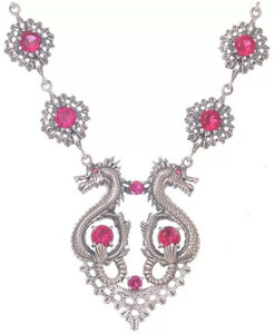 Casa Padrino Luxus Damen Halskette Drachen Silber / Rot - Elegante handgefertigte Sterlingsilber Kette mit Edelsteinen - Luxus Damenschmuck