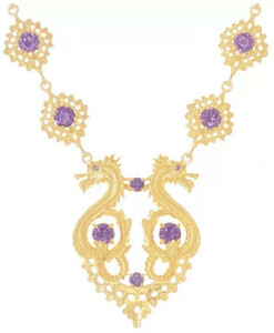 Casa Padrino Luxus Damen Halskette Drachen Gold / Lila - Handgefertigte vergoldete Sterlingsilber Kette mit Edelsteinen - Eleganter Luxus Damenschmuck