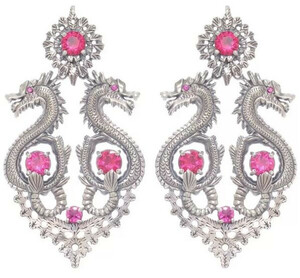 Casa Padrino Luxus Damen Ohrringe Drachen Silber / Rot - Elegante handgefertigte Sterlingsilber Ohrringe mit Edelsteinen - Handgefertigter Luxus Damenschmuck