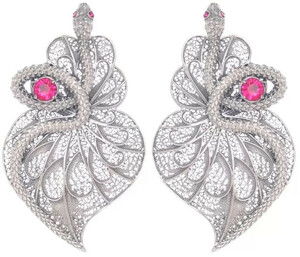 Casa Padrino Luxus Damen Ohrringe Schlange Silber / Rot - Elegante handgefertigte Sterlingsilber Ohrringe mit Edelsteinen - Luxus Damenschmuck
