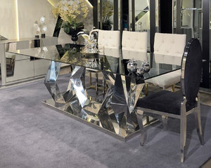 Casa Padrino Luxus Designer Esstisch Silber 240 x 100 x H. 76 cm - Rechteckiger Metall Esszimmertisch mit Glasplatte - Esszimmer Mbel - Luxus Mbel - Luxus Esszimmer Einrichtung