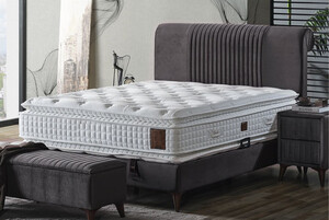 Casa Padrino Luxus Doppelbett Grau / Wei / Dunkelbraun 180 x 200 cm - Massivholz Bett mit Kopfteil und Matratze - Schlafzimmer Mbel - Hotel Mbel - Luxus Mbel - Luxus Einrichtung