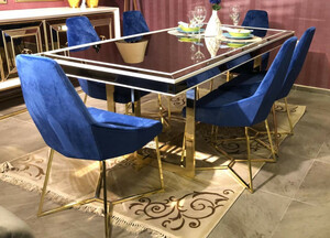 Casa Padrino Luxus Esszimmer Set Blau / Wei / Gold - 1 Esszimmertisch & 6 Esszimmersthle - Luxus Esszimmer Mbel