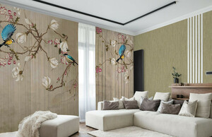 Casa Padrino Luxus Vorhang Set Vgel Beige / Mehrfarbig 250 x H. 290 cm - Bedruckte Leinen & Samt Vorhnge - senvorhnge - Schiebevorhnge - Luxus Qualitt