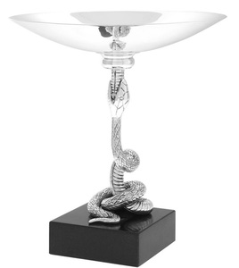 Casa Padrino Luxus Servierschale Schlange Silber / Schwarz  25,5 x H. 28,5 cm - Versilberte Messing Schale mit Stnder und Granitsockel - Luxus Kollektion