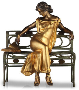 Casa Padrino Luxus Jugendstil Skulptur Dame auf Sitzbank Bronze mit Patina / Gold / Antik Grn H.65 cm - Handgefertigte Bronze Deko Figur - Luxus Qualitt - Made in Italy