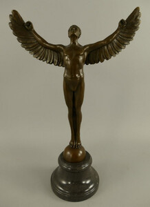 Casa Padrino Luxus Jugendstil Deko Skulptur Icarus Bronze / Schwarz 27 x 12 x H. 40 cm - Bronze Figur mit Marmorsockel - Barock & Jugendstil Bronze Skulpturen