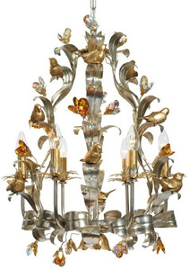 Casa Padrino Luxus Jugendstil Kronleuchter Vgel Silber / Gold / Mehrfarbig  55 x H. 65 cm - Eleganter Metall Kronleuchter mit Swarovski Kristallglas - Barock & Jugendstil Leuchten