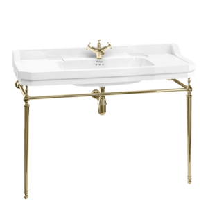Casa Padrino Luxus Jugendstil Waschtisch Wei / Gold 121 x 51 x H. 90 cm - Porzellan 1-Loch Stand Waschbecken mit Untergestell - Badezimmer Mbel