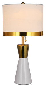 Casa Padrino Luxus Keramik Tischleuchte Wei / Gold / Wei  30 x H. 60 cm - Runde Keramik Schreibtischleuchte mit Lampenschirm - Luxus Keramik Leuchten