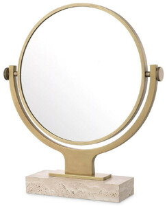 Casa Padrino Luxus Kosmetik Tischspiegel Antik Messing / Beige 50,5 x 12 x H. 56 cm - Runder verstellbarer Badezimmer Schmink Spiegel mit Travertin Sockel - Luxus Badezimmer Accessoires
