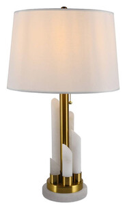 Casa Padrino Luxus Marmor Tischleuchte Wei / Gold  38 x H. 68,5 cm - Runde Marmor Schreibtischleuchte mit Lampenschirm - Luxus Marmor Leuchten