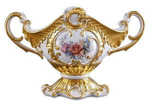 Casa Padrino Barock Schssel Wei / Gold / Mehrfarbig 46 x 22 x H. 29 cm - Handbemalte Keramik Schssel mit Blumenmotiv
