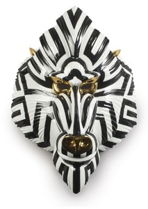 Casa Padrino Luxus Porzellan Deko Maske Pavian Affe Schwarz / Wei / Gold 31 x 14 x H. 44 cm - Moderne handgefertigte Wanddeko - Erstklassische Qualitt - Made in Spain