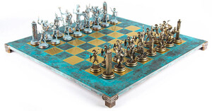 Casa Padrino Luxus Schach Set Trkis / Messing 54 x 54 cm - Griechisches Schachspiel - Messing Schachbrett mit Schachfiguren - Luxus Deko Accessoires - Luxus Schachspiele