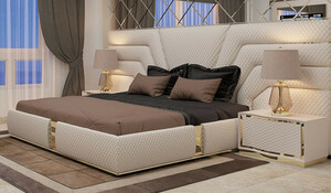 Casa Padrino Luxus Schlafzimmer Set Cremefarben / Gold - 1 Doppelbett mit Kopfteil & 2 Nachttische - Moderne Schlafzimmer & Hotel Mbel - Luxus Qualitt