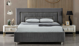 Casa Padrino Luxus Schlafzimmer Set Grau / Wei / Gold - 1 Doppelbett mit Kopfteil & 2 Nachttische - Schlafzimmer Mbel - Luxus Kollektion