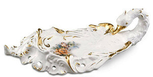 Casa Padrino Barock Serviertablett Schwan mit Blumen Wei / Gold / Mehrfarbig 54 x 30 x H. 16 cm - Handbemaltes Keramik Tablett im Barockstil