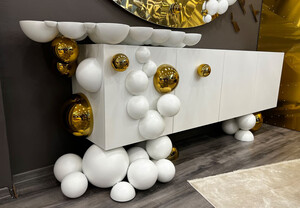Casa Padrino Luxus Designer Sideboard Wei / Gold 255 x 52 x H. 100 cm - Massivholz Schrank mit 4 Tren - Luxus Mbel - Hotel Mbel - Designer Mbel