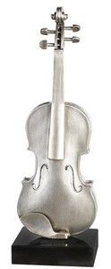 Casa Padrino Deko Violine Silber / Champagnerfarben / Schwarz 21 x 15 x H. 65 cm - Polyresin Geige mit Marmorsockel