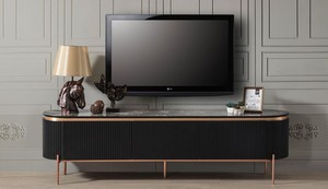 Casa Padrino Luxus TV Schrank Schwarz / Kupferfarben 208 x 48 x H. 57 cm - Fernsehschrank mit 4 Tren - Luxus Wohnzimmer Mbel