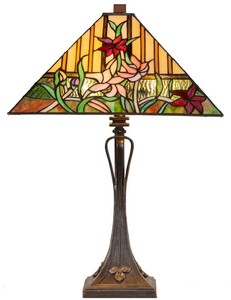 Casa Padrino Luxus Deko Tiffany Tischleuchte Braun / Mehrfarbig 40 x 40 x H. 62 cm - Tiffany Lampe mit Blumendesign und handgefertigtem Glas Lampenschirm