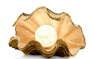 Casa Padrino Luxus Tischleuchte Muschel Lachsfarben / Gold 42 x 32 x H. 27 cm - Handbemalte Keramik Lampe - Luxus Qualitt
