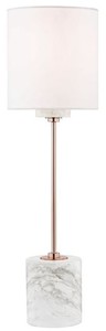 Casa Padrino Luxus Tischleuchte Kupfer / Wei  15,9 x H. 55,9 cm - Moderne runde Tischlampe mit Lampenschirm aus Kunstseide und Marmorsockel