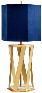 Casa Padrino Luxus Tischleuchte Messingfarben / Wei / Blau 27,5 x 27,5 x H. 87 cm - Moderne Tischlampe mit Kunstseide Lampenschirm - Luxus Kollektion