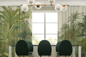 Casa Padrino Luxus Vorhang Set Palmen Landschaft Creme / Grn 250 x H. 290 cm - Bedruckte Leinen & Samt Vorhnge - senvorhnge - Schiebevorhnge - Luxus Deko Accessoires