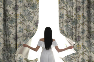 Casa Padrino Luxus Vorhang Set Blumen & Vgel Hellbeige / Mehrfarbig 250 x H. 290 cm - Bedruckte Leinen & Samt Vorhnge - senvorhnge - Schiebevorhnge - Wohnzimmer Schlafzimmer Vorhnge
