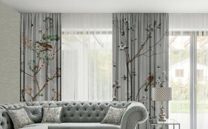 Casa Padrino Luxus Vorhang Set Pflanzen & Vgel Grau / Mehrfarbig 250 x H. 290 cm - Bedruckte Leinen & Samt Vorhnge - senvorhnge - Schiebevorhnge - Luxus Deko Accessoires