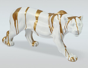 Casa Padrino Luxus XXL Deko Skulptur Panther Wei / Gold 160 x H. 72 cm - Groe Deko Figur - XXL Wohnzimmer Deko - XXL Garten Deko