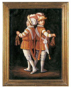 Casa Padrino Luxus Barock lgemlde Zwillinge Rot / Mehrfarbig / Gold 64 x H. 82 cm - Handgemaltes Gemlde im Barockstil - Barock Wand Deko