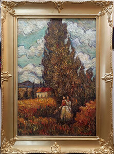 Vintage l Gemlde nach Vincent van Gogh Cypress Peasant Landscape 45,72 x H. 60,96 cm - Authentisches Antik Gemlde nach Original - Handgemalt