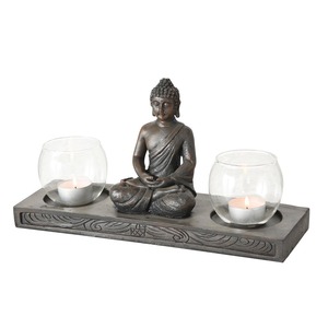 FeineHeimat Windlicht Buddha Figur sitzend 17x32 cm - Spirituelle Gartendekoration mit Doppelter Lichtquelle