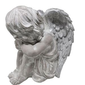 FeineHeimat Schlafender Engel sitzend 34 cm - Antikwei mit Silbernen Flgeln, Zarte Gartendekoration