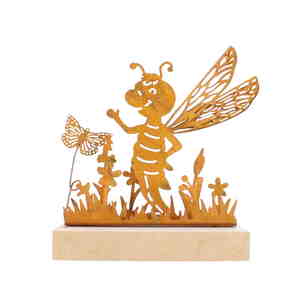 Biene Metall rost auf Holz Aufsteller Figur mit Gras Blten Schmetterling