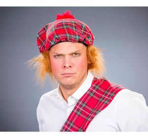 Schotten Mtze rot kariert mit Haaren, Kostm-Zubehr