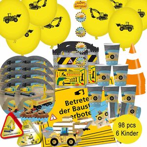 XXL Party-Set Kindergeburtstag Baustelle Bagger fr 6 Kinder, 98-tlg.