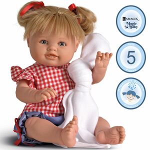 Puppe Emilia 47 cm mit blonden Haaren Zpfen und Bekleidung Spielzeug