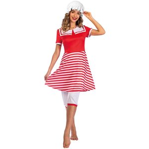 Historischer Badeanzug 20er Kleid rot-wei gestreift mit Badehaube fr Damen