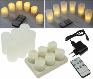 LED Kerzen mit IR-Fernbedienung, 6er-Set Ladestation + Netzteil, warmwei