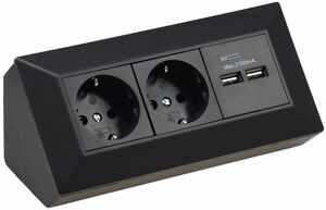 2-fach Steckdosenblock + 2x USB, schwarz 250V~/ 16A, Aufbaumontage
