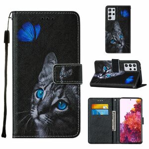 Samsung Galaxy S21 Ultra Tasche Handy Hlle Schutz-Cover Flip-Case mit Kartenfach Katze Schwarz