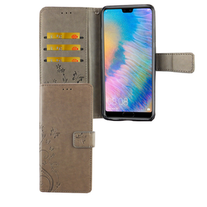 Huawei P20 Handy Hlle Schutz-Tasche Cover Flip-Case Kartenfach Grau