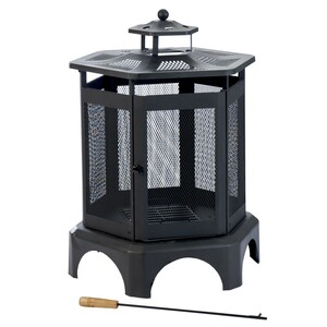 Kamino-Flam Thalia Outdoor Fireplace, Round Garden Fire Pit, Powder-coated Enamelled Steel Sheet Patio Heater with Removable Ashtray and Poker, Outdoor Chimney Log Wood Burner, Black