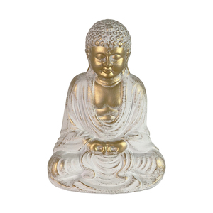 Groer sitzender Keramik Buddha Gold mit weier Patina 21x15x30cm