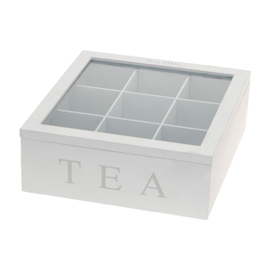 Teebox Holz Wei Deckel 9-Fcher mit Aufschrift TEA 